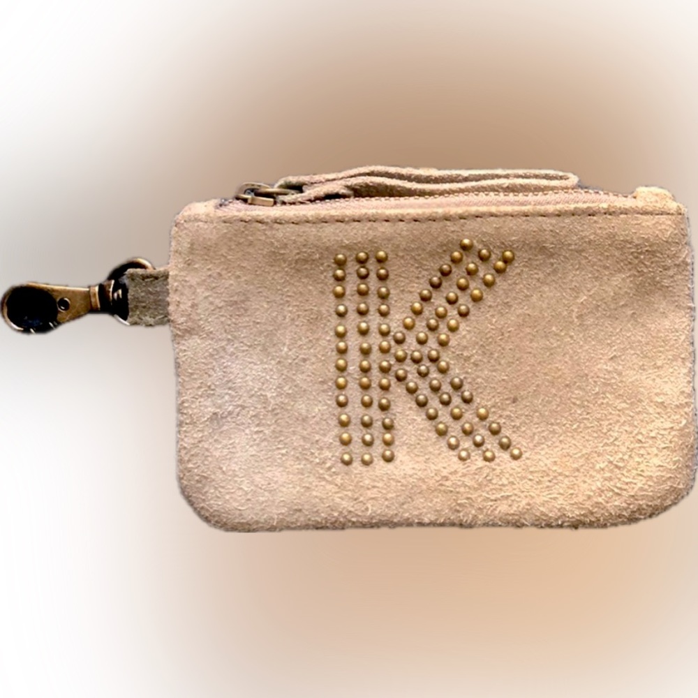 Urban Outfitters suede gray “K” monogram coin bag w grommets & a key hook